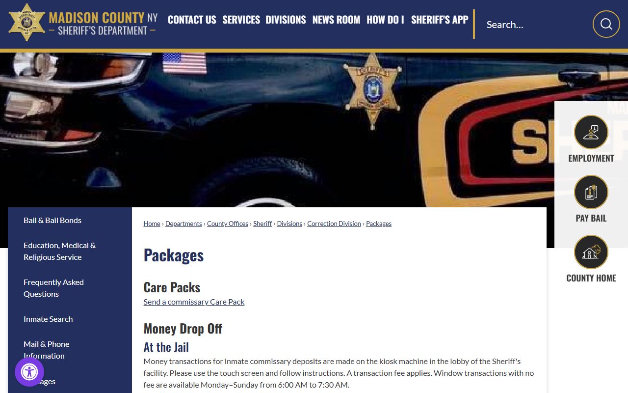 Madison County Jail packages commissary money and property rules