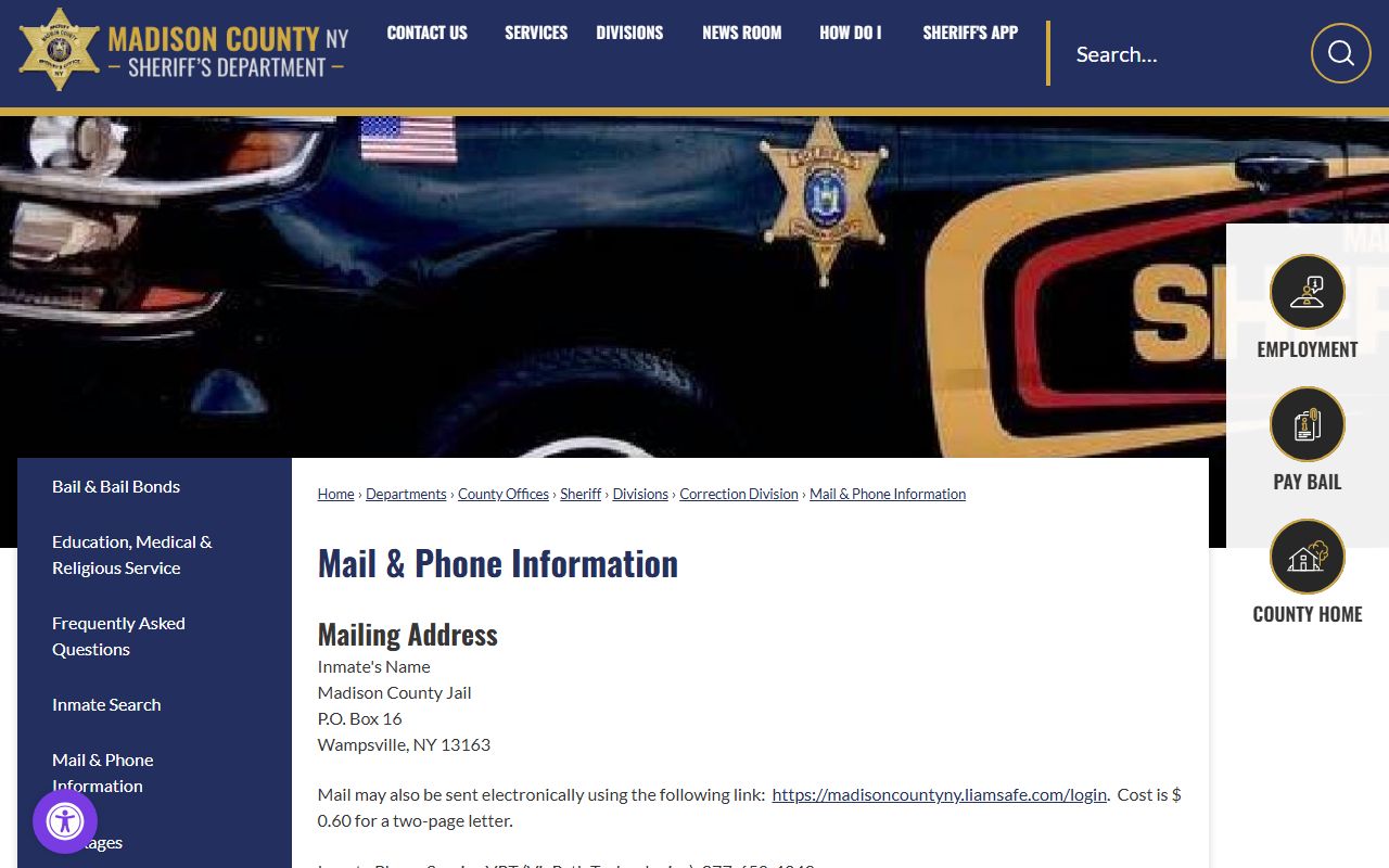 Madison County Jail mail phone and inmate communication information