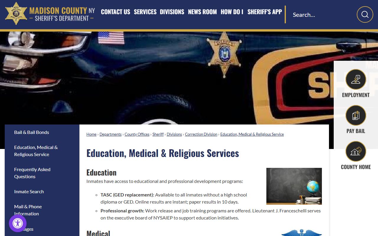 Madison County Jail inmate programs medical care and religious services